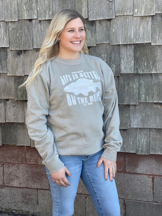 LIFE IS BETTER VINTAGE CREW NECK SWEATSHIRT IN CEMENT